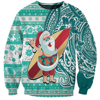 Hawaii Mele Kalikimaka Sweatshirt Santa Claus Surfing with Hawaiian Pattern Striped Turquoise Style LT03 Unisex Turquoise - Polynesian Pride