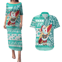 Custom Hawaii Mele Kalikimaka Couples Matching Puletasi Dress and Hawaiian Shirt Santa Claus Surfing with Hawaiian Pattern Striped Turquoise Style LT03 Turquoise - Polynesian Pride