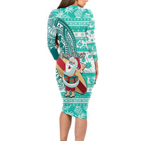 Custom Hawaii Mele Kalikimaka Long Sleeve Bodycon Dress Santa Claus Surfing with Hawaiian Pattern Striped Turquoise Style LT03 - Polynesian Pride