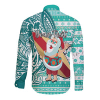 Custom Hawaii Mele Kalikimaka Long Sleeve Button Shirt Santa Claus Surfing with Hawaiian Pattern Striped Turquoise Style LT03 - Polynesian Pride