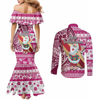Hawaii Mele Kalikimaka Couples Matching Mermaid Dress and Long Sleeve Button Shirt Santa Claus Surfing with Hawaiian Pattern Striped Pink Style LT03 - Polynesian Pride