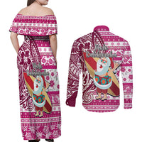 Hawaii Mele Kalikimaka Couples Matching Off Shoulder Maxi Dress and Long Sleeve Button Shirt Santa Claus Surfing with Hawaiian Pattern Striped Pink Style LT03 - Polynesian Pride