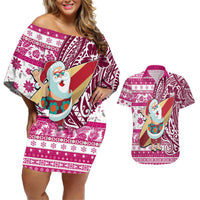 Hawaii Mele Kalikimaka Couples Matching Off Shoulder Short Dress and Hawaiian Shirt Santa Claus Surfing with Hawaiian Pattern Striped Pink Style LT03 Pink - Polynesian Pride