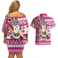 Hawaii Mele Kalikimaka Couples Matching Off Shoulder Short Dress and Hawaiian Shirt Santa Claus Surfing with Hawaiian Pattern Striped Pink Style LT03 - Polynesian Pride