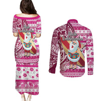Hawaii Mele Kalikimaka Couples Matching Puletasi Dress and Long Sleeve Button Shirt Santa Claus Surfing with Hawaiian Pattern Striped Pink Style LT03 - Polynesian Pride