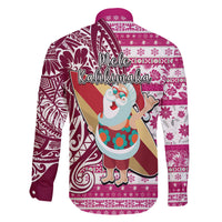 Hawaii Mele Kalikimaka Family Matching Off Shoulder Short Dress and Hawaiian Shirt Santa Claus Surfing with Hawaiian Pattern Striped Pink Style LT03 - Polynesian Pride