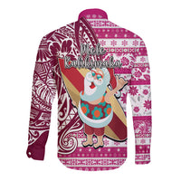 Hawaii Mele Kalikimaka Long Sleeve Button Shirt Santa Claus Surfing with Hawaiian Pattern Striped Pink Style LT03 - Polynesian Pride