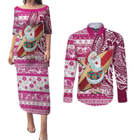 Custom Hawaii Mele Kalikimaka Couples Matching Puletasi Dress and Long Sleeve Button Shirt Santa Claus Surfing with Hawaiian Pattern Striped Pink Style LT03 Pink - Polynesian Pride