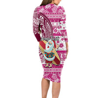 Custom Hawaii Mele Kalikimaka Long Sleeve Bodycon Dress Santa Claus Surfing with Hawaiian Pattern Striped Pink Style LT03 - Polynesian Pride