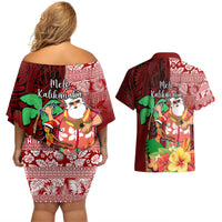 Hawaii Mele Kalikimaka Couples Matching Off Shoulder Short Dress and Hawaiian Shirt Santa Claus and Hula Girl Tropical Folwer with Hawaiian Pattern LT03 - Polynesian Pride