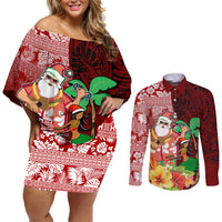 Hawaii Mele Kalikimaka Couples Matching Off Shoulder Short Dress and Long Sleeve Button Shirt Santa Claus and Hula Girl Tropical Folwer with Hawaiian Pattern LT03 Red - Polynesian Pride
