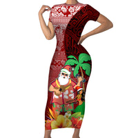 Hawaii Mele Kalikimaka Short Sleeve Bodycon Dress Santa Claus and Hula Girl Tropical Folwer with Hawaiian Pattern LT03 Long Dress Red - Polynesian Pride