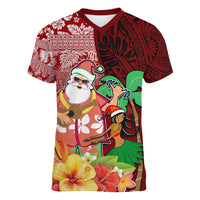 Hawaii Mele Kalikimaka Women V Neck T Shirt Santa Claus and Hula Girl Tropical Folwer with Hawaiian Pattern LT03 Female Red - Polynesian Pride