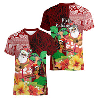 Hawaii Mele Kalikimaka Women V Neck T Shirt Santa Claus and Hula Girl Tropical Folwer with Hawaiian Pattern LT03 - Polynesian Pride