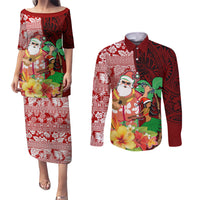 Custom Hawaii Mele Kalikimaka Couples Matching Puletasi Dress and Long Sleeve Button Shirt Santa Claus and Hula Girl Tropical Folwer with Hawaiian Pattern LT03 Red - Polynesian Pride