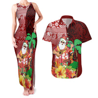 Custom Hawaii Mele Kalikimaka Couples Matching Tank Maxi Dress and Hawaiian Shirt Santa Claus and Hula Girl Tropical Folwer with Hawaiian Pattern LT03 Red - Polynesian Pride