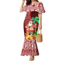 Custom Hawaii Mele Kalikimaka Family Matching Mermaid Dress and Hawaiian Shirt Santa Claus and Hula Girl Tropical Folwer with Hawaiian Pattern LT03 Mom's Dress Red - Polynesian Pride