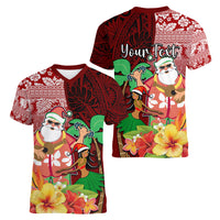Custom Hawaii Mele Kalikimaka Women V Neck T Shirt Santa Claus and Hula Girl Tropical Folwer with Hawaiian Pattern LT03 - Polynesian Pride