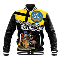 New Zealand Wellington Baseball Jacket The Capital's Emblems Flag and Koru Art LT03 Unisex Black - Polynesian Pride