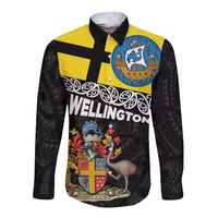 New Zealand Wellington Long Sleeve Button Shirt The Capital's Emblems Flag and Koru Art LT03 Unisex Black - Polynesian Pride