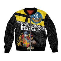 New Zealand Wellington Sleeve Zip Bomber Jacket The Capital's Emblems Flag and Koru Art