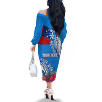 Personalised Samoa Coat Of Arms Family Matching Off Shoulder Long Sleeve Dress and Hawaiian Shirt Tropical Flower Blue Polynesian Pattern LT03 - Polynesian Pride