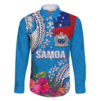 Personalised Samoa Coat Of Arms Family Matching Off Shoulder Maxi Dress and Hawaiian Shirt Tropical Flower Blue Polynesian Pattern LT03 Dad's Shirt - Long Sleeve Blue - Polynesian Pride