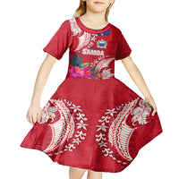 Personalised Samoa Coat Of Arms Kid Short Sleeve Dress Tropical Flower Red Polynesian Pattern LT03 - Polynesian Pride