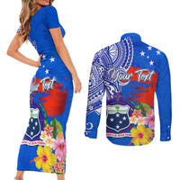 Personalised Samoa Coat Of Arms Couples Matching Short Sleeve Bodycon Dress and Long Sleeve Button Shirt Hibiscus Polynesian Tattoo Pattern LT03 - Polynesian Pride