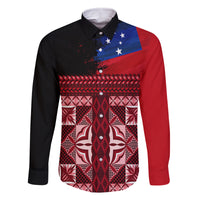 Samoa Flag Day Family Matching Off Shoulder Short Dress and Hawaiian Shirt Siapo Pattern and Ula Fala LT03 Dad's Shirt - Long Sleeve Red - Polynesian Pride