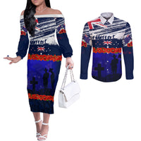 New Zealand and Australia ANZAC Day Couples Matching Off The Shoulder Long Sleeve Dress and Long Sleeve Button Shirt Lest We Forget Red Poppy Flowers and Soldier LT03 Blue - Polynesian Pride