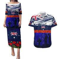 New Zealand and Australia ANZAC Day Couples Matching Puletasi and Hawaiian Shirt Lest We Forget Red Poppy Flowers and Soldier LT03 Blue - Polynesian Pride