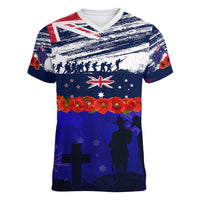 New Zealand and Australia ANZAC Day Women V Neck T Shirt Lest We Forget Red Poppy Flowers and Soldier LT03 Female Blue - Polynesian Pride