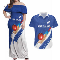 Custom New Zealand Cricket Couples Matching Off Shoulder Maxi Dress and Hawaiian Shirt Kiwi Birds Haka Dance Blue Fern Sporty Style