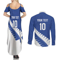 Custom New Zealand Cricket Couples Matching Summer Maxi Dress and Long Sleeve Button Shirt Kiwi Birds Haka Dance Blue Fern Sporty Style