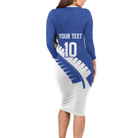Custom New Zealand Cricket Long Sleeve Bodycon Dress Kiwi Birds Haka Dance Blue Fern Sporty Style
