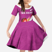 Custom New Zealand Cricket Family Matching Off The Shoulder Long Sleeve Dress and Hawaiian Shirt Kiwi Birds Haka Dance Pink Fern Sporty Style