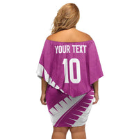 Custom New Zealand Cricket Family Matching Off Shoulder Short Dress and Hawaiian Shirt Kiwi Birds Haka Dance Pink Fern Sporty Style