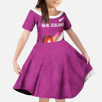 Custom New Zealand Cricket Kid Short Sleeve Dress Kiwi Birds Haka Dance Pink Fern Sporty Style