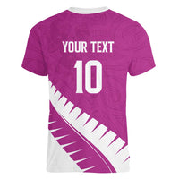 Custom New Zealand Cricket Women V-Neck T-Shirt Kiwi Birds Haka Dance Pink Fern Sporty Style