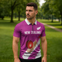 Custom New Zealand Cricket Zipper Polo Shirt Kiwi Birds Haka Dance Pink Fern Sporty Style