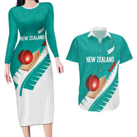 Custom New Zealand Cricket Couples Matching Long Sleeve Bodycon Dress and Hawaiian Shirt Kiwi Birds Haka Dance Turquoise Fern Sporty Style
