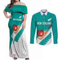 Custom New Zealand Cricket Couples Matching Off Shoulder Maxi Dress and Long Sleeve Button Shirt Kiwi Birds Haka Dance Turquoise Fern Sporty Style