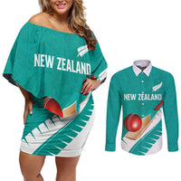 Custom New Zealand Cricket Couples Matching Off Shoulder Short Dress and Long Sleeve Button Shirt Kiwi Birds Haka Dance Turquoise Fern Sporty Style