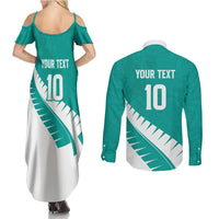 Custom New Zealand Cricket Couples Matching Summer Maxi Dress and Long Sleeve Button Shirt Kiwi Birds Haka Dance Turquoise Fern Sporty Style