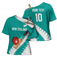 Custom New Zealand Cricket Cross Shoulder Shirt Kiwi Birds Haka Dance Turquoise Fern Sporty Style