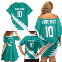 Custom New Zealand Cricket Family Matching Off Shoulder Short Dress and Hawaiian Shirt Kiwi Birds Haka Dance Turquoise Fern Sporty Style