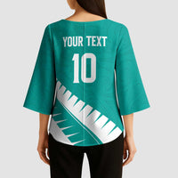 Custom New Zealand Cricket Kimono Sleeve Blouse Kiwi Birds Haka Dance Turquoise Fern Sporty Style