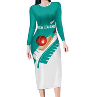 Custom New Zealand Cricket Long Sleeve Bodycon Dress Kiwi Birds Haka Dance Turquoise Fern Sporty Style