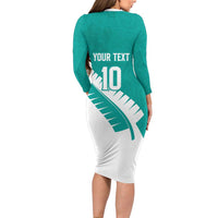 Custom New Zealand Cricket Long Sleeve Bodycon Dress Kiwi Birds Haka Dance Turquoise Fern Sporty Style